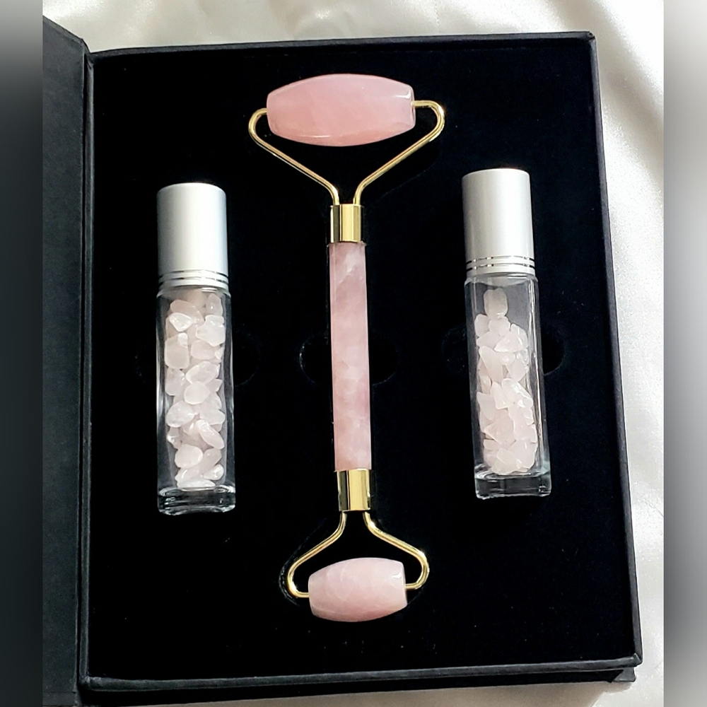 Rose Quartz Jade Roller Natural Stone Skincare Gift Set Anti Aging Rollerball